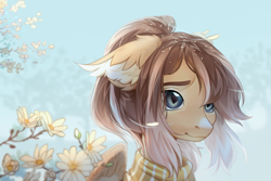 Size: 3580x2388 | Tagged: safe, artist:aphphphphp, oc, oc only, pegasus, pony, clothes, ear fluff, female, flower, mare, pollen, ponytail, scarf, slit eyes, smiling, solo