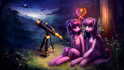 Size: 1600x906 | Tagged: safe, artist:l1nkoln, twilight sparkle, twilight sparkle (alicorn), oc, alicorn, pony, semi-anthro, alicorn oc, canon x oc, combined magic, commission, crescent moon, female, heart, jewelry, lesbian, magical heart, mare, moon, necklace, night, ponytail, scenery, shipping, sitting, smiling, star of david, stars, telescope, transparent moon