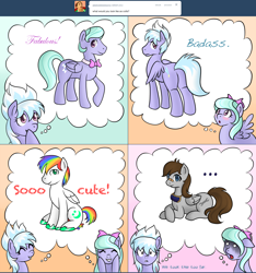 Size: 1502x1602 | Tagged: safe, artist:marikaefer, cloudchaser, flitter, oc, oc:fuselight, oc:moondust, pegasus, pony, ask, ask flitter and cloudchaser, blushing, bowtie, butt, plot, prone, rule 63, tumblr