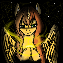 Size: 1000x1000 | Tagged: safe, artist:kira-minami, oc, oc only, oc:solweig, alicorn, pony, alicorn oc, female, looking down, magic, mare, solo, spread wings, wings