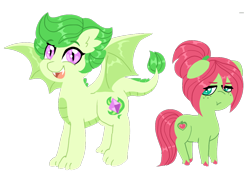 Size: 1046x756 | Tagged: safe, artist:purfectprincessgirl, oc, oc:emerald gleam, oc:spring melody, dracony, earth pony, hybrid, belly scales, bio in the source, claws, colored hooves, dragon wings, duo, fangs, female, filly, freckles, grumpy, interspecies offspring, mare, next generation, offspring, open mouth, parent:big macintosh, parent:fluttershy, parent:rarity, parent:spike, parents:fluttermac, parents:sparity, pouting, redesign, slit eyes, smiling, unshorn fetlocks, wings