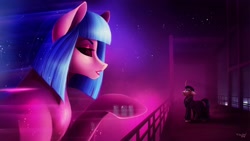 Size: 2560x1440 | Tagged: safe, artist:das_leben, pony, unicorn, blade runner, blade runner 2049, female, hologram, horn, male, night