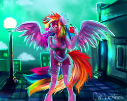 Size: 3125x2500 | Tagged: safe, artist:caliluminos, derpibooru import, rainbow dash, anthro, pegasus, apple, clothes, food, shirt, shorts, socks