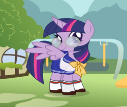 Size: 482x408 | Tagged: safe, artist:user15432, twilight sparkle, twilight sparkle (alicorn), alicorn, pony, bow, bowtie, clothes, dressup, dressup game, glasses, school uniform, schoolgirl, shoes, socks, starsue, uniform