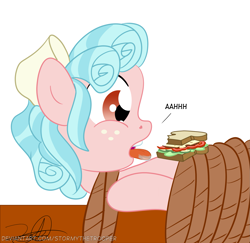 Size: 1871x1815 | Tagged: safe, artist:stormythetrooper, cozy glow, pegasus, pony, cozybetes, cozybuse, cute, food, hungry, sandwich, tied up