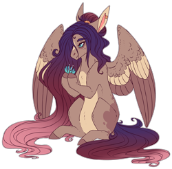 Size: 2788x2746 | Tagged: safe, artist:sleepy-nova, oc, oc only, pegasus, pony, coat markings, colored hooves, ear piercing, earring, female, flower, gradient, gradient mane, hooves, jewelry, long hair, long mane, long tail, looking down, magical lesbian spawn, mare, offspring, parent:fluttershy, parent:princess luna, parents:lunashy, piercing, plant, ponytail, simple background, sitting up, smiling, solo, splotches, transparent background, two toned wings