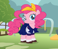 Size: 494x414 | Tagged: safe, artist:user15432, derpibooru import, pinkie pie, earth pony, pony, bow, bowtie, clothes, headband, school uniform, schoolgirl, shoes, socks, starsue, uniform