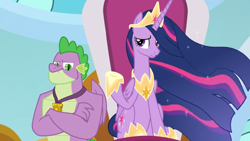 Size: 1366x768 | Tagged: safe, screencap, princess twilight 2.0, spike, twilight sparkle, twilight sparkle (alicorn), alicorn, dragon, the last problem, crossed arms, crown, gigachad spike, hoof shoes, jewelry, looking down, medallion, older, older spike, older twilight, peytral, regalia, throne, winged spike