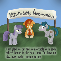 Size: 2000x2000 | Tagged: safe, artist:paracompact, maud pie, stygian, sunburst, earth pony, pony, unicorn, atg 2019, blushing, comic, covering, embarrassed, embarrassed nude exposure, female, male, mare, missing accessory, newbie artist training grounds, nudity, one-panel comic, speech, stallion, tail covering, we don't normally wear clothes