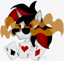 Size: 600x575 | Tagged: safe, artist:hunterthewastelander, oc, oc only, oc:blackjack, pony, unicorn, fallout equestria, fallout equestria: project horizons, bust, card, fanfic, fanfic art, female, grin, horn, mare, playing card, simple background, smiling, solo, sombra eyes, sunglasses, unicorn oc, white background