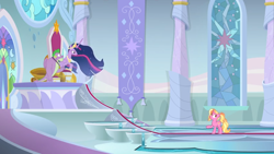 Size: 1366x768 | Tagged: safe, screencap, luster dawn, princess twilight 2.0, spike, twilight sparkle, twilight sparkle (alicorn), alicorn, dragon, unicorn, the last problem, banner, canterlot throne room, carpet, column, crown, disbelief, female, gigachad spike, hoof shoes, jewelry, male, mare, medallion, older, older spike, older twilight, peytral, regalia, stained glass, stained glass window, throne, throne room, winged spike