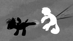 Size: 1900x1074 | Tagged: safe, artist:paracompact, earth pony, pony, atg 2019, black and white, bucking, grayscale, minimalist, modern art, monochrome, newbie artist training grounds, silhouette, simple, simple background, violence