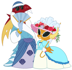 Size: 1016x991 | Tagged: safe, artist:queencold, garble, smolder, dragon, bracelet, brother and sister, clothes, crossdressing, dragoness, dress, duo, fan, female, flower, gloves, hat, jewelry, male, siblings, simple background, sunglasses, transparent background, umbrella