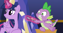 Size: 1366x726 | Tagged: safe, screencap, spike, twilight sparkle, twilight sparkle (alicorn), alicorn, dragon, the last problem, comic book, levitation, magic, pulling, sitting, telekinesis, winged spike