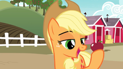 Size: 1366x768 | Tagged: safe, derpibooru import, screencap, applejack, earth pony, pony, the last problem, apple, barn, farm, fence, food, happy, solo