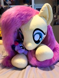 Size: 3024x4032 | Tagged: safe, artist:natureshy, artist:qtpony, derpibooru import, fluttershy, twilight sparkle, pegasus, pony, 4de, fluffy, hug, life size, plushie, size difference