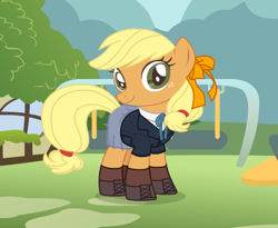 Size: 488x401 | Tagged: safe, artist:user15432, derpibooru import, applejack, earth pony, pony, bow, bowtie, clothes, dressup, dressup game, hair bow, school uniform, schoolgirl, shoes, socks, starsue, uniform