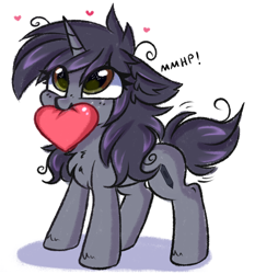 Size: 2790x3000 | Tagged: safe, artist:pesty_skillengton, oc, oc only, oc:kate, pony, unicorn, chest fluff, chibi, cute, female, heart, mouth hold, sketch, solo