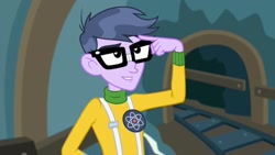 Size: 1280x720 | Tagged: safe, screencap, microchips, all the world's off stage, all the world's off stage: micro chips, better together, equestria girls, clothes, cyoa, glasses, male, smiling, solo