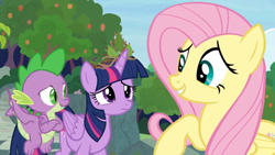 Size: 1366x768 | Tagged: safe, derpibooru import, screencap, fluttershy, spike, twilight sparkle, twilight sparkle (alicorn), alicorn, dragon, pegasus, pony, the last problem, flying, happy, outdoors, tree, winged spike