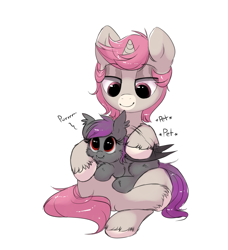 Size: 1453x1595 | Tagged: safe, artist:confetticakez, oc, oc only, oc:andromeda aurora, oc:intrepid charm, bat pony, pony, unicorn, bat pony oc, behaving like a cat, c:, cheek fluff, crossed hooves, cute, cute little fangs, ear fluff, ear tufts, fangs, female, filly, fluffy, holding a pony, hoof fluff, leg fluff, lidded eyes, looking up, male, ocbetes, onomatopoeia, petting, purring, shoulder fluff, simple background, sitting, sitting on lap, size difference, smiling, stallion, unshorn fetlocks, white background