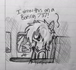 Size: 2048x1894 | Tagged: safe, artist:modocrisma, oc, oc only, oc:sobakasu, earth pony, pony, aircraft, chest fluff, clothes, doodle, fluffy, freckles, happy, hidden eyes, hoodie, lined paper, male, monochrome, pencil drawing, photo, plane, ponysona, seat, sitting, sketch, solo, teenager, traditional art, watermark, window