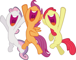 Size: 4252x3369 | Tagged: safe, artist:sir-teutonic-knight, edit, editor:slayerbvc, apple bloom, scootaloo, sweetie belle, pony, accessory-less edit, cutie mark crusaders, jumping, missing accessory, nose in the air, open mouth, simple background, smiling, transparent background, vector, vector edit