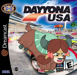 Size: 1280x1260 | Tagged: safe, edit, yona, yak, bow, car, cloven hooves, daytona usa, dreamcast, driving, female, hair bow, hasbro interactive, monkey swings, race track, racing, sega, sega dreamcast, video game, video game cover