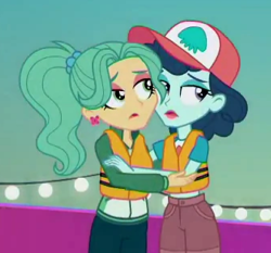 Size: 339x316 | Tagged: safe, screencap, garden grove, better together, equestria girls, spring breakdown, cropped, duo, duo female, female, ink jet, lifejacket, shipping fuel