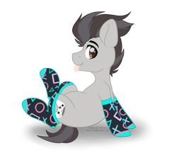 Size: 4584x4091 | Tagged: safe, artist:hellishprogrammer, oc, oc only, oc:keith (ice1517), earth pony, pony, clothes, cute, heart eyes, icey-verse, magical gay spawn, male, offspring, parent:button mash, parent:rumble, parents:rumblemash, playstation, raised hoof, simple background, sitting, socks, solo, stallion, tongue out, transparent background, wingding eyes, ych result