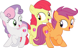 Size: 6089x3746 | Tagged: safe, artist:digimonlover101, edit, editor:slayerbvc, apple bloom, scootaloo, sweetie belle, earth pony, pegasus, pony, unicorn, surf and/or turf, absurd resolution, accessory-less edit, cute, cutie mark, cutie mark crusaders, female, filly, missing accessory, open mouth, simple background, the cmc's cutie marks, transparent background, trio, vector, vector edit