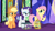 Size: 1366x768 | Tagged: safe, derpibooru import, screencap, applejack, fluttershy, rarity, bird, earth pony, hummingbird, pegasus, pony, spider, star spider, unicorn, the last problem, box, cage, door, glass, miniature, sewing, sewing machine, spider web