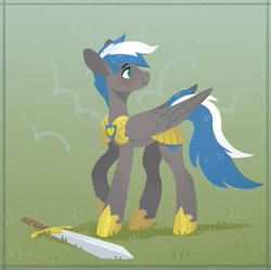 Size: 1083x1080 | Tagged: safe, artist:koviry, oc, oc:cloud zapper, pegasus, pony, armor, hoof shoes, male, solo, sword, weapon