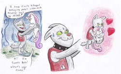 Size: 1144x699 | Tagged: safe, artist:lost marbles, rover, sweetie belle, diamond dog, pony, atg 2019, comic, heart, holding a pony, hug, newbie artist training grounds, sweat, traditional art