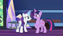 Size: 1366x768 | Tagged: safe, derpibooru import, screencap, rarity, twilight sparkle, twilight sparkle (alicorn), alicorn, pony, spider, star spider, unicorn, the last problem, box, glass, levitation, magic, miniature, sewing machine, spider web, telekinesis