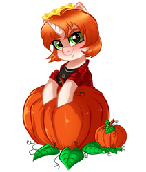 Size: 3384x3992 | Tagged: safe, artist:vetta, oc, oc only, oc:etoz, pony, unicorn, blushing, clothes, commission, crown, cute, fangs, female, halloween, happy, happy halloween, holiday, horn, jewelry, mare, pumpkin, regalia, shirt, smiling, solo, t-shirt, ych result