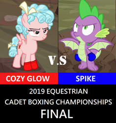 Size: 856x908 | Tagged: safe, edit, edited screencap, screencap, cozy glow, spike, dragon, pegasus, pony, frenemies (episode), molt down, boxing, imminent pain, sports, this will end in pain, versus