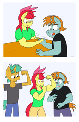 Size: 1280x1976 | Tagged: safe, artist:matchstickman, apple bloom, snails, snips, anthro, earth pony, unicorn, apple bloom's bow, apple brawn, arm wrestling, biceps, bow, clothes, deltoids, female, flexing, hair bow, jeans, male, matchstickman's apple brawn series, muscles, pants, photos, shirt, simple background, table, tumblr comic, tumblr:where the apple blossoms, younger