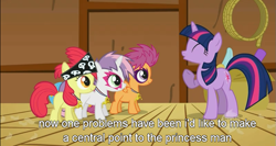 Size: 801x426 | Tagged: safe, edit, edited screencap, screencap, apple bloom, scootaloo, sweetie belle, twilight sparkle, pony, the show stoppers, caption, cutie mark crusaders, meme, youtube caption