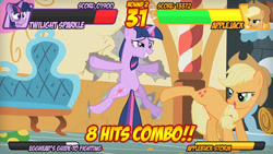 Size: 700x394 | Tagged: safe, derpibooru import, edit, edited screencap, screencap, applejack, twilight sparkle, earth pony, pony, fighting is magic, party of one, bucking, crash, dizzy, fighting game, health bars, marvel vs capcom, ouch