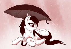 Size: 1300x900 | Tagged: safe, artist:rainbow, oc, pony, biting, cute, fluffy, prone, rain, solo, tail bite, umbrella