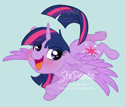 Size: 743x636 | Tagged: safe, artist:stepandy, twilight sparkle, twilight sparkle (alicorn), alicorn, pony, blushing, cute, eye clipping through hair, eyebrows visible through hair, female, floppy ears, flying, happy, looking at you, mare, obtrusive watermark, solo, twiabetes, watermark