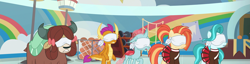 Size: 2821x720 | Tagged: safe, edit, screencap, lighthoof, ocellus, shimmy shake, smolder, yona, changedling, changeling, dragon, earth pony, pony, yak, 2 4 6 greaaat, blindfold, context is for the weak, female, panorama, school of friendship