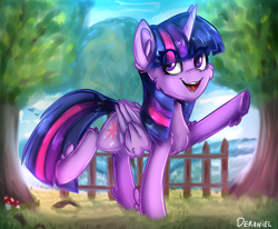 Size: 1254x1033 | Tagged: safe, artist:deraniel, twilight sparkle, twilight sparkle (alicorn), alicorn, pony, cheek fluff, chest fluff, cute, do the sparkle, ear fluff, eye clipping through hair, leg fluff, mushroom, open mouth, solo, tree, twiabetes, underhoof, wing fluff