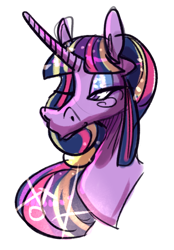 Size: 500x720 | Tagged: safe, artist:beastofeuthanasia, edit, twilight sparkle, twilight sparkle (alicorn), alicorn, pony, alternate hairstyle, bust, cropped, ethereal mane, eyeshadow, female, hoers, lidded eyes, long eyelashes, makeup, mare, ponytail, rainbow power, rainbow power twilight sparkle, simple background, solo, starry mane, white background