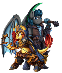 Size: 2550x3009 | Tagged: safe, artist:pridark, oc, oc only, dracony, hybrid, armor, arrow, badass, bipedal, bow (weapon), bow and arrow, commission, couple, female, heroes of the storm, male, mare, midriff, necromancer, simple background, smiling, stallion, transparent background, weapon
