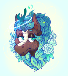 Size: 1044x1164 | Tagged: safe, artist:beastofeuthanasia, oc, oc only, oc:angel, kirin, body painting, commission, ethereal mane, female, flower, flower in hair, kirin oc, lidded eyes, looking at you, magic, mare, simple background, solo, starry mane, white background, ych result