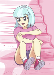 Size: 2480x3425 | Tagged: safe, artist:sumin6301, coco pommel, equestria girls, clothes, converse, equestria girls-ified, female, high res, open mouth, shirt, shoes, shorts, simple background, sitting, socks, solo, stairs, white background