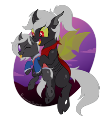 Size: 1729x1927 | Tagged: safe, artist:raspberrystudios, oc, oc only, oc:bandit, oc:chad, oc:kama ezio clyde armasta laska chadwickson the iv, changeling, changeling oc, clothes, commission, double colored changeling, hoodie, neckerchief, siblings