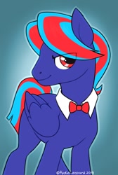 Size: 726x1080 | Tagged: safe, artist:kyotokisha15, oc, oc:hellfire, pegasus, pony, blue fur, bowtie, male, red eyes